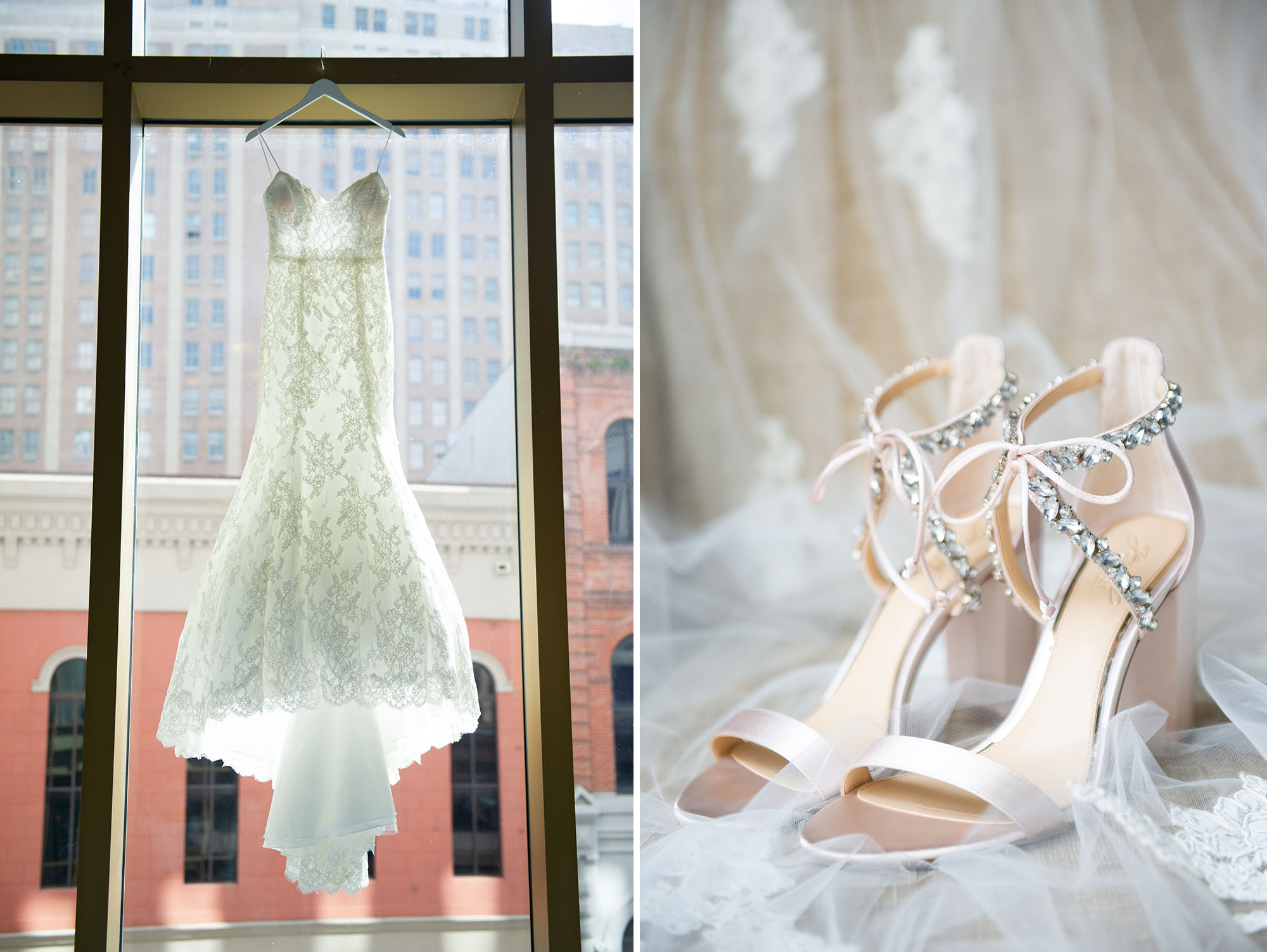 Wedding dress hanging; bride's shoes