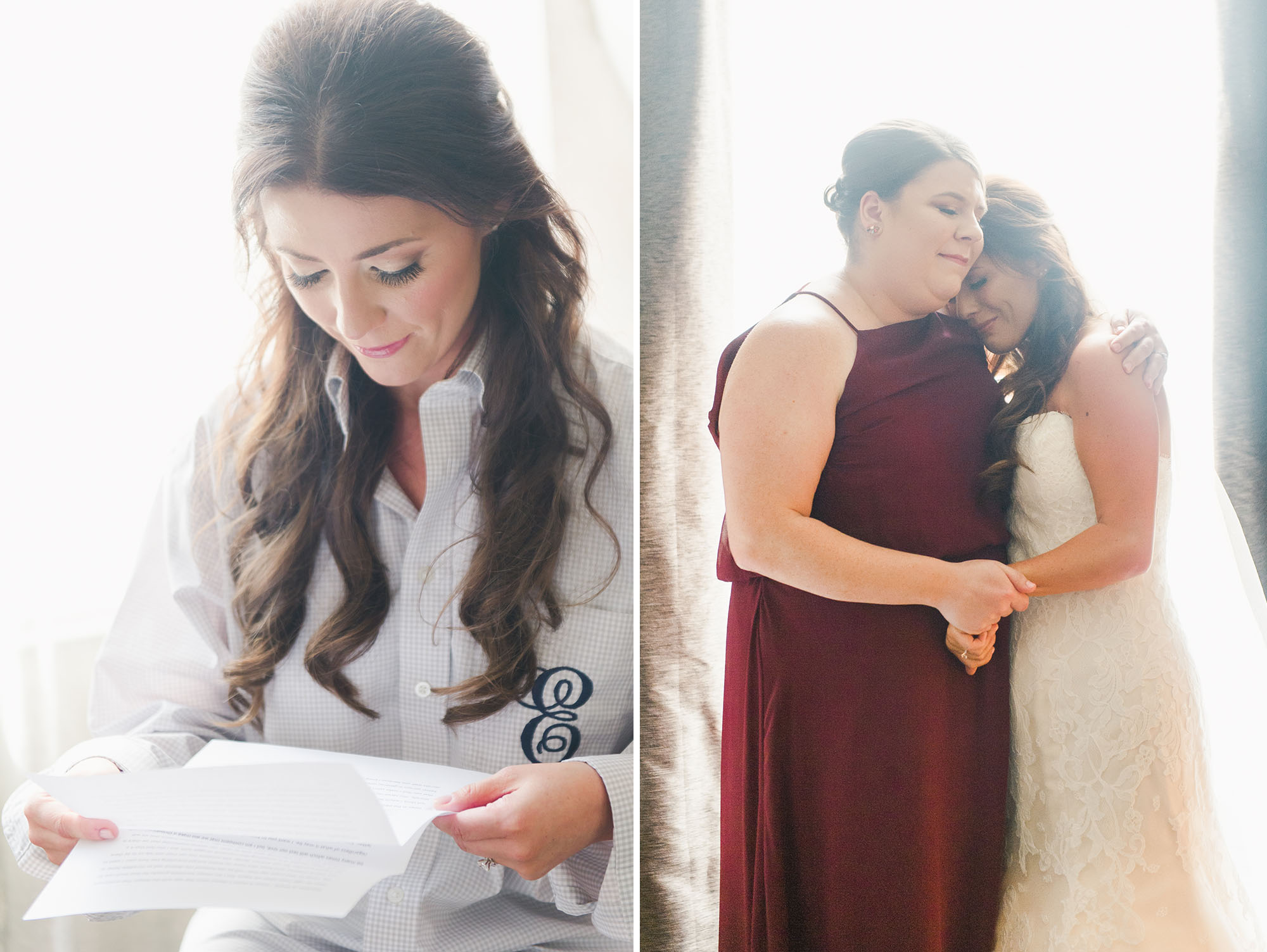 Bride reading letter from groom; bride and bridesmaid hugging