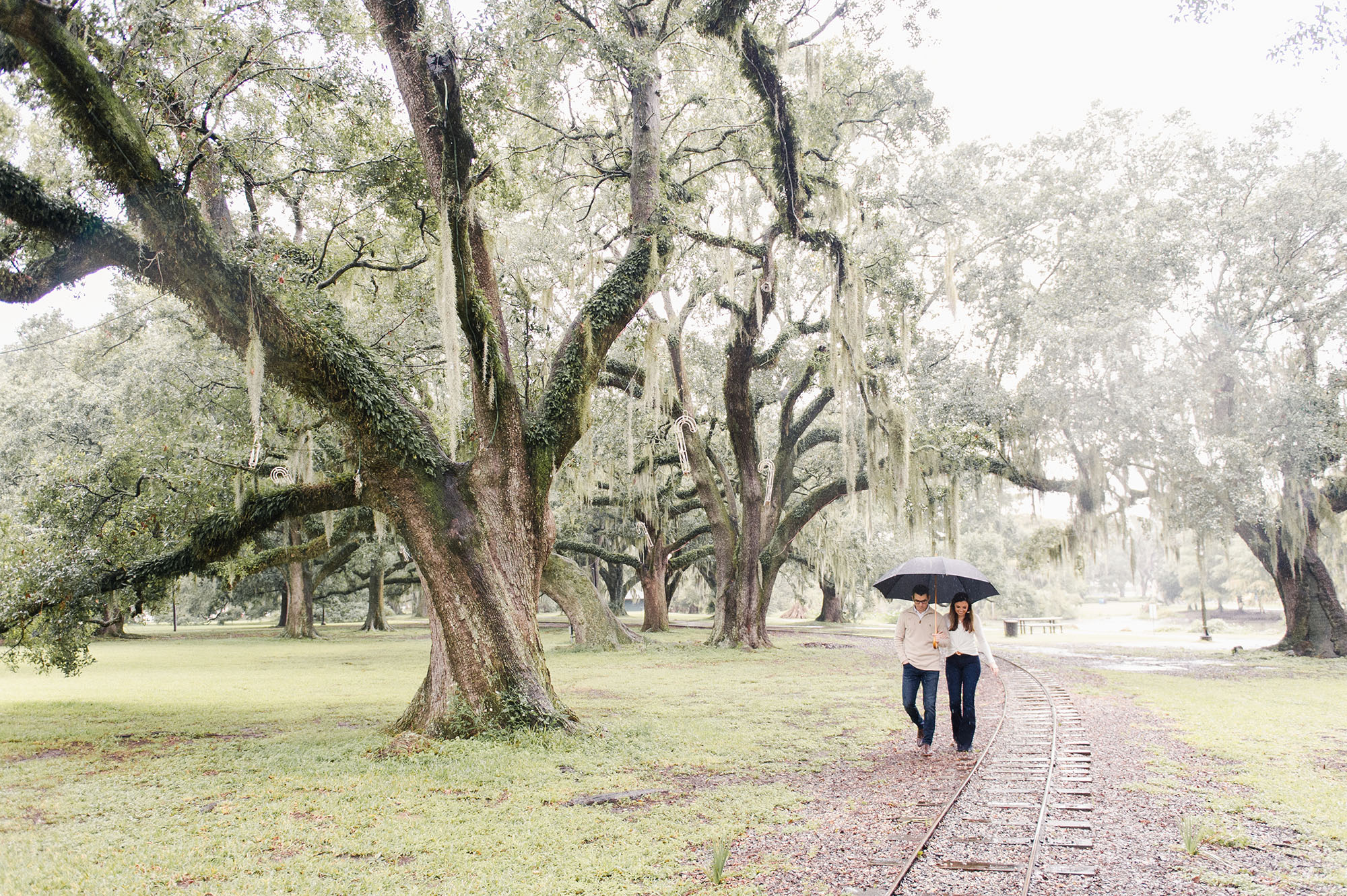 Couple walking through oak trees in the park