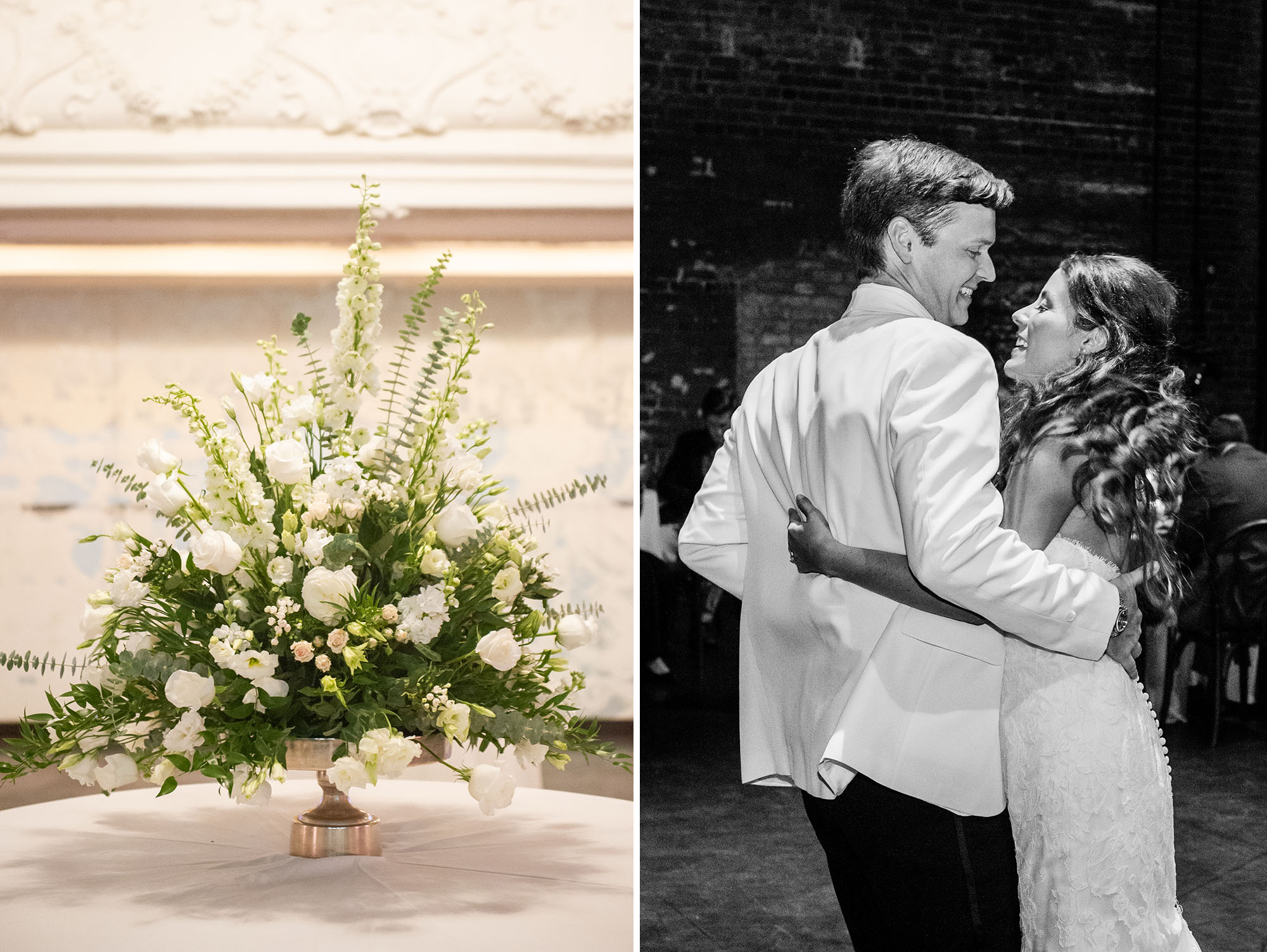 Floral arrangement; bride and groom at reception