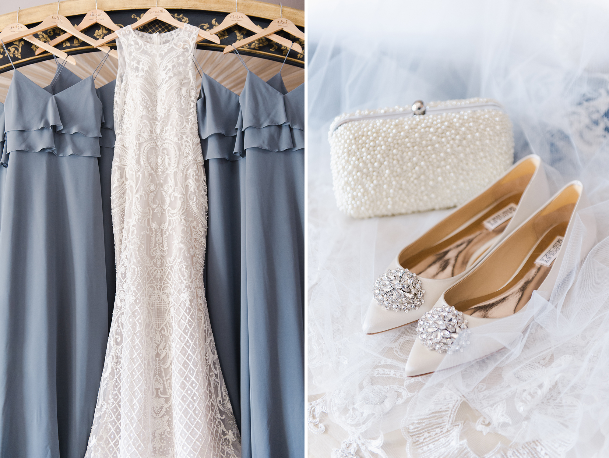Wedding dress and accessories, bridesmaids' dresses