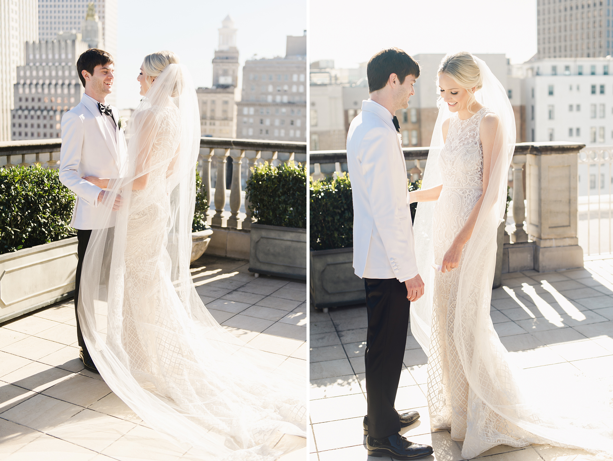 Bride and groom on rooftop for first look