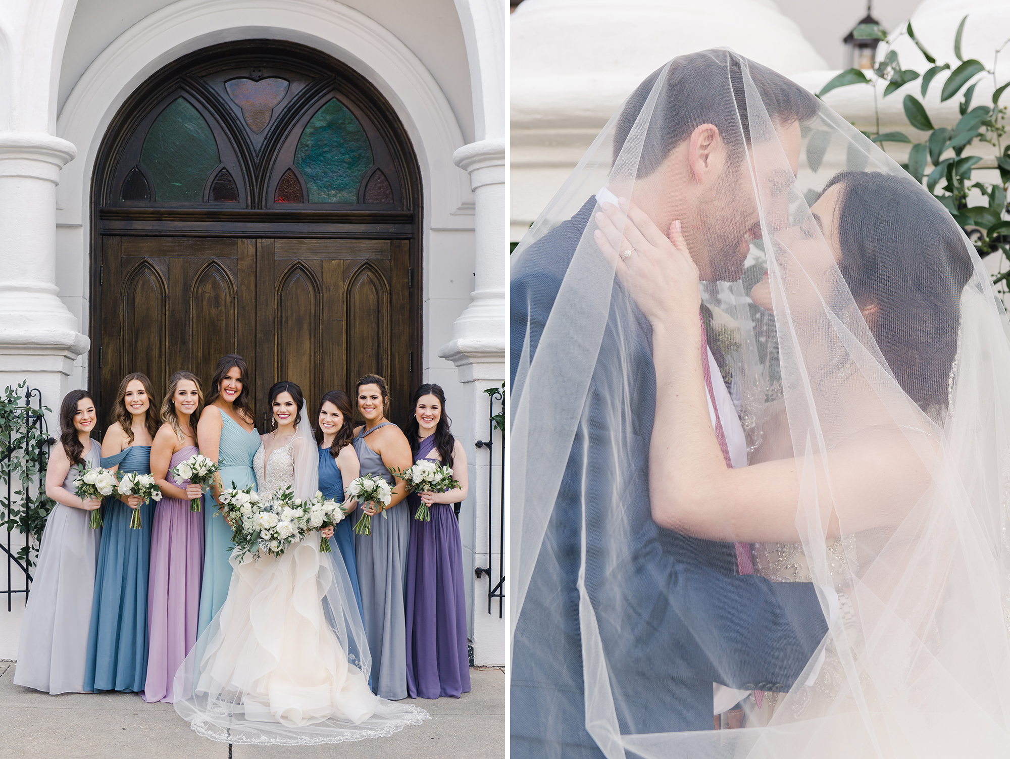 Bride and bridesmaids with bouquets; bride and groom under veil