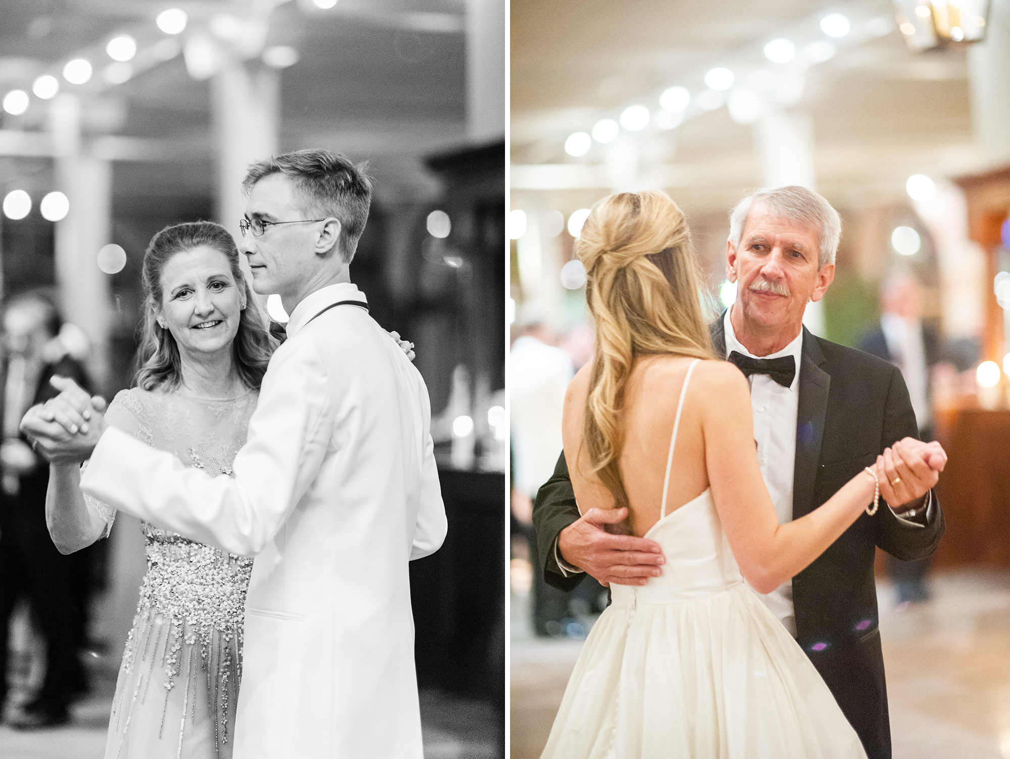 Groom dancing with mother; bride dancing with father