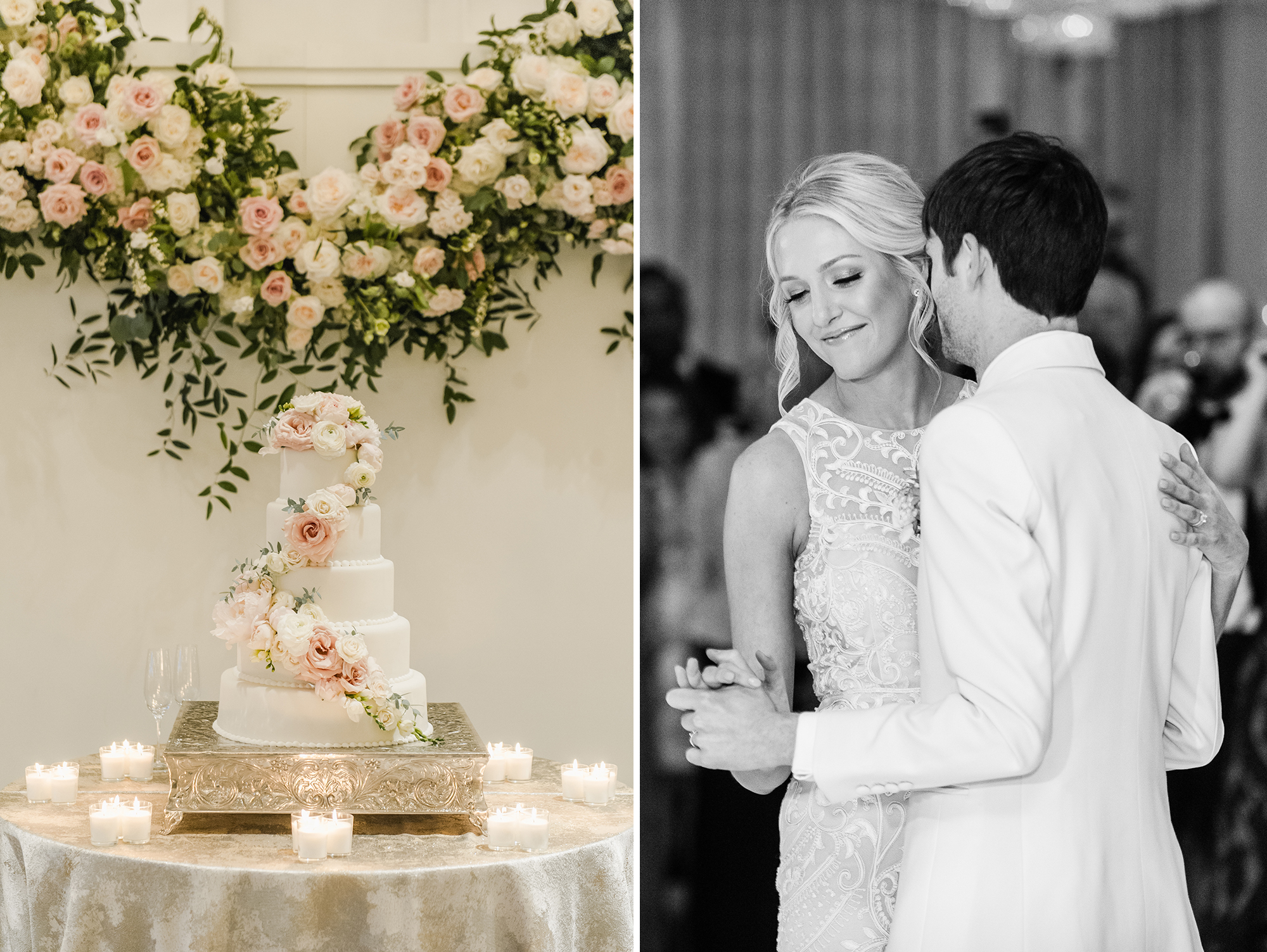 Wedding cake; Bride and groom dancing at reception