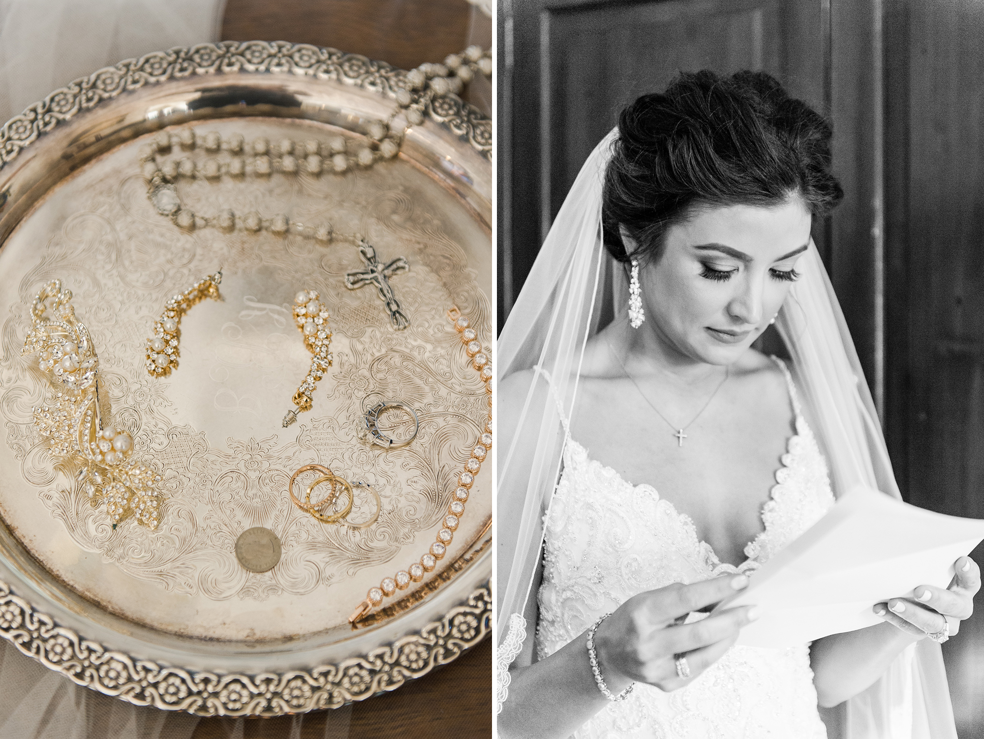 Bride's jewelry on silver plate with rosary; bride reading note from groom