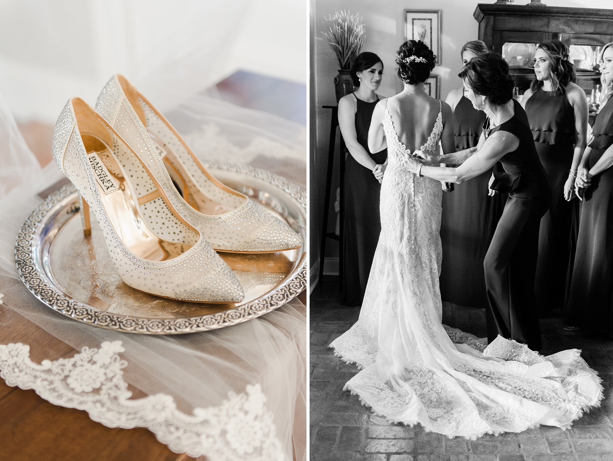 Bride's shoes and veil; Bride getting ready with help from mom