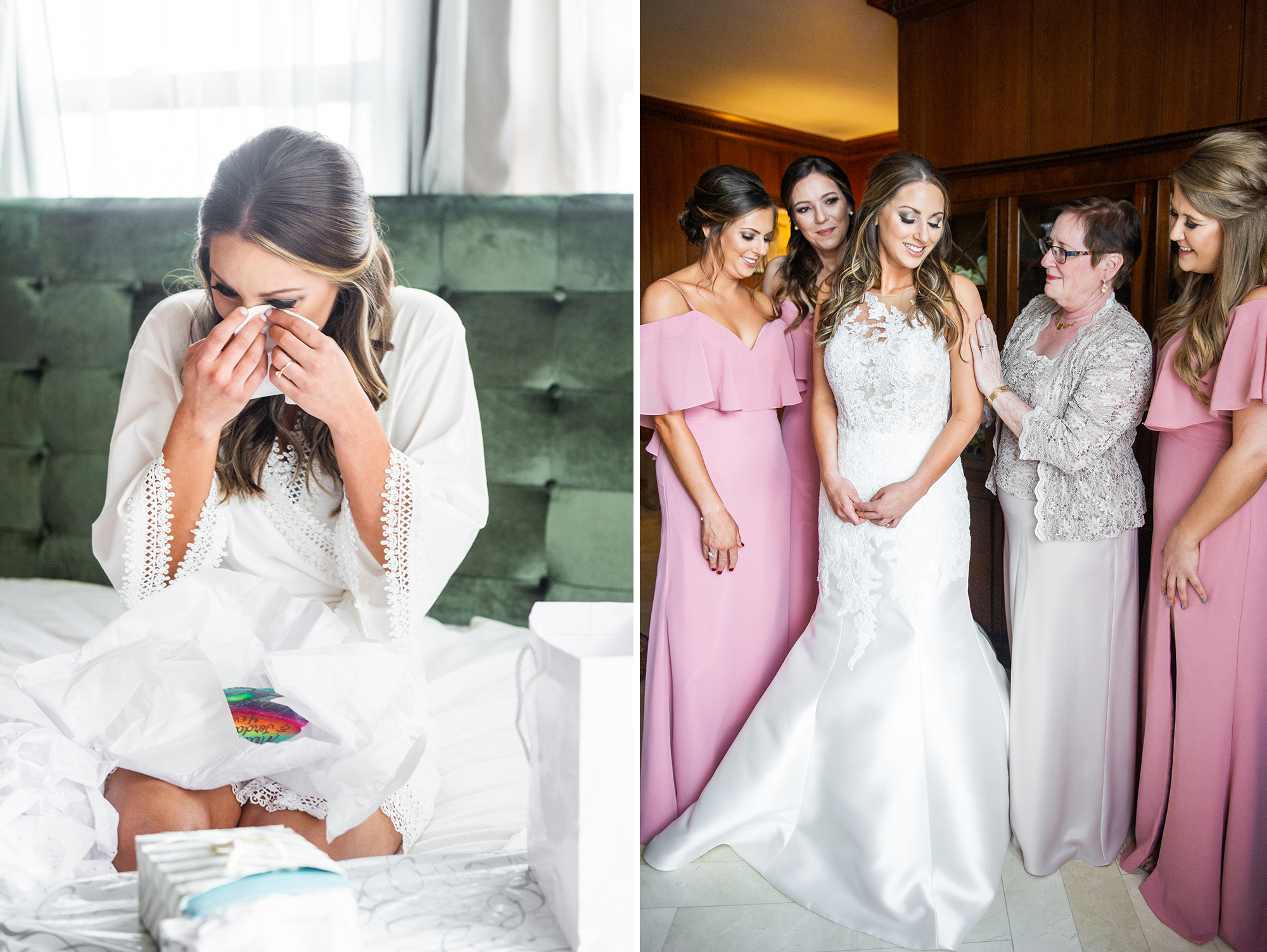 Bride crying; Bride getting dressed with bridal party