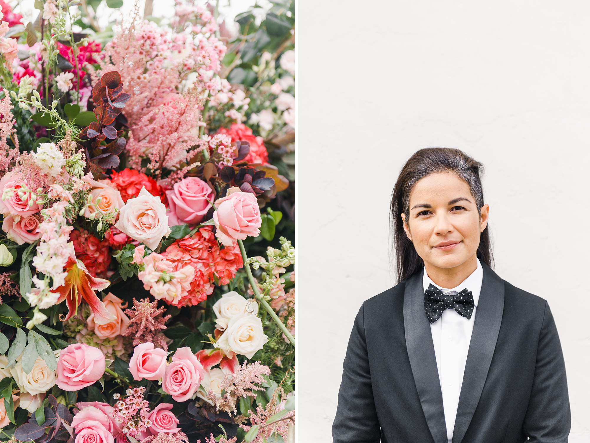 Ceremony florals; bride in suit