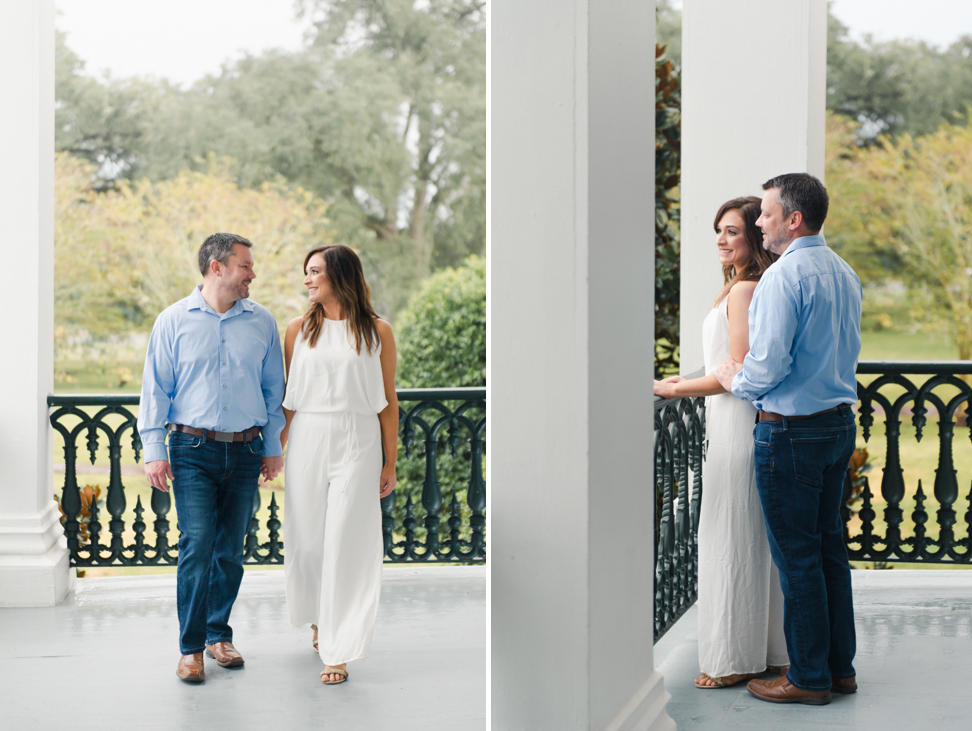 Engaged couple embracing and walking on porch
