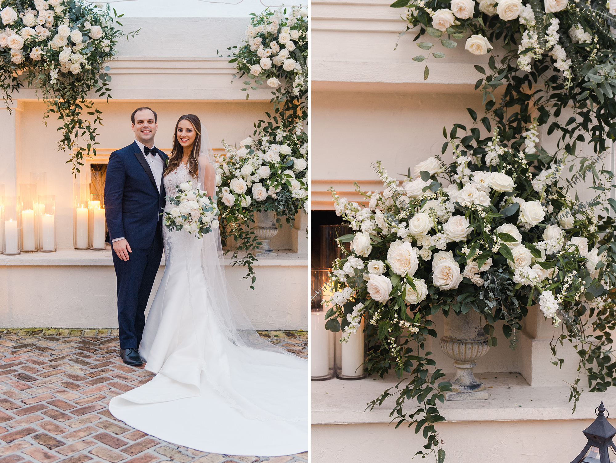 bride and groom; wedding floral details