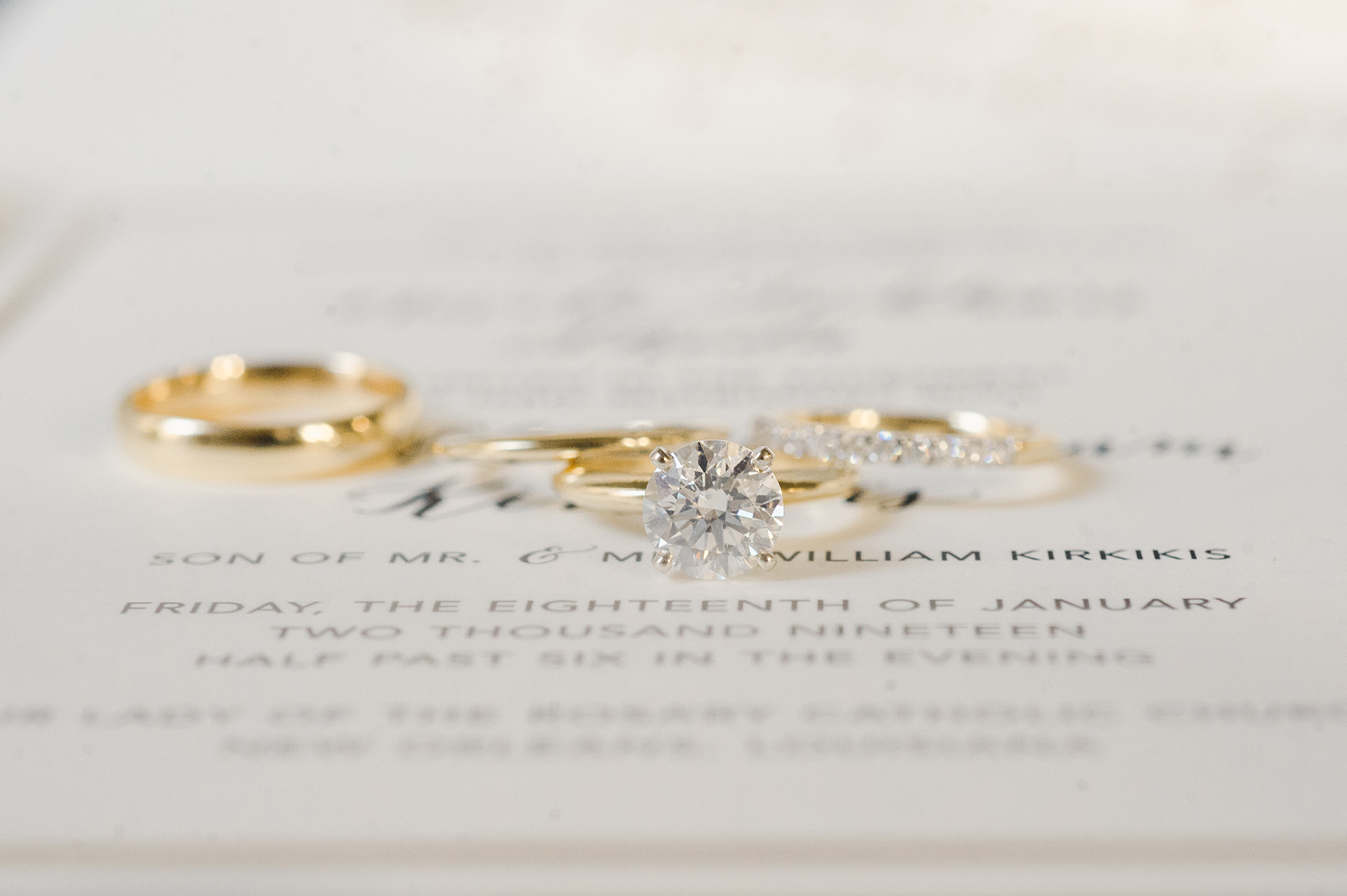 Bride and groom's rings on wedding invitation
