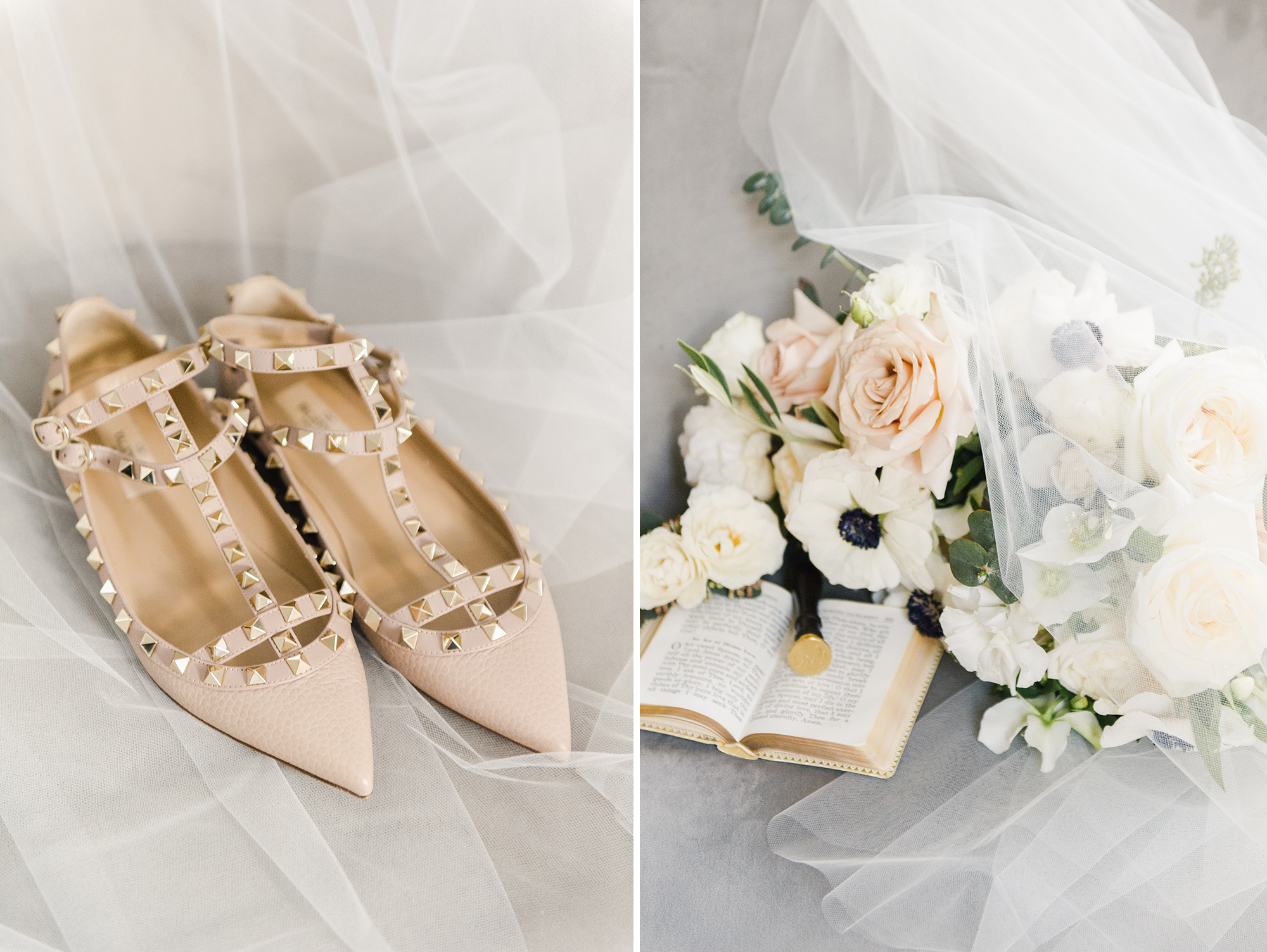 Bride's shoes, bouquet, and veil