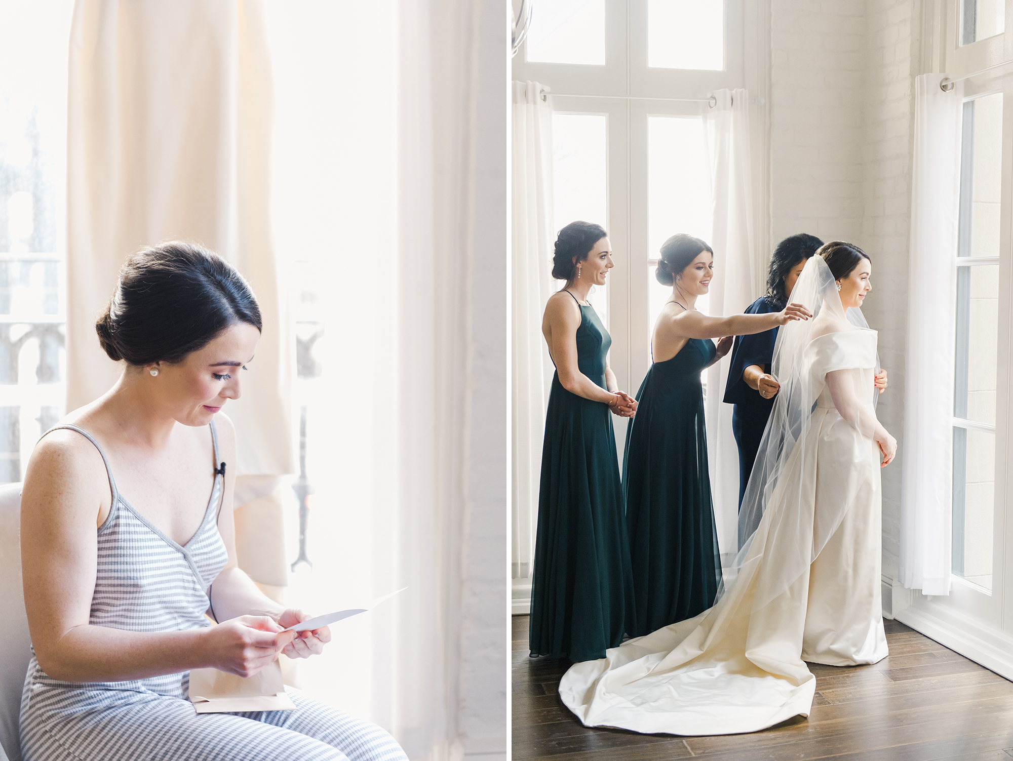 Bride reading letter from groom and getting ready with bridesmaids