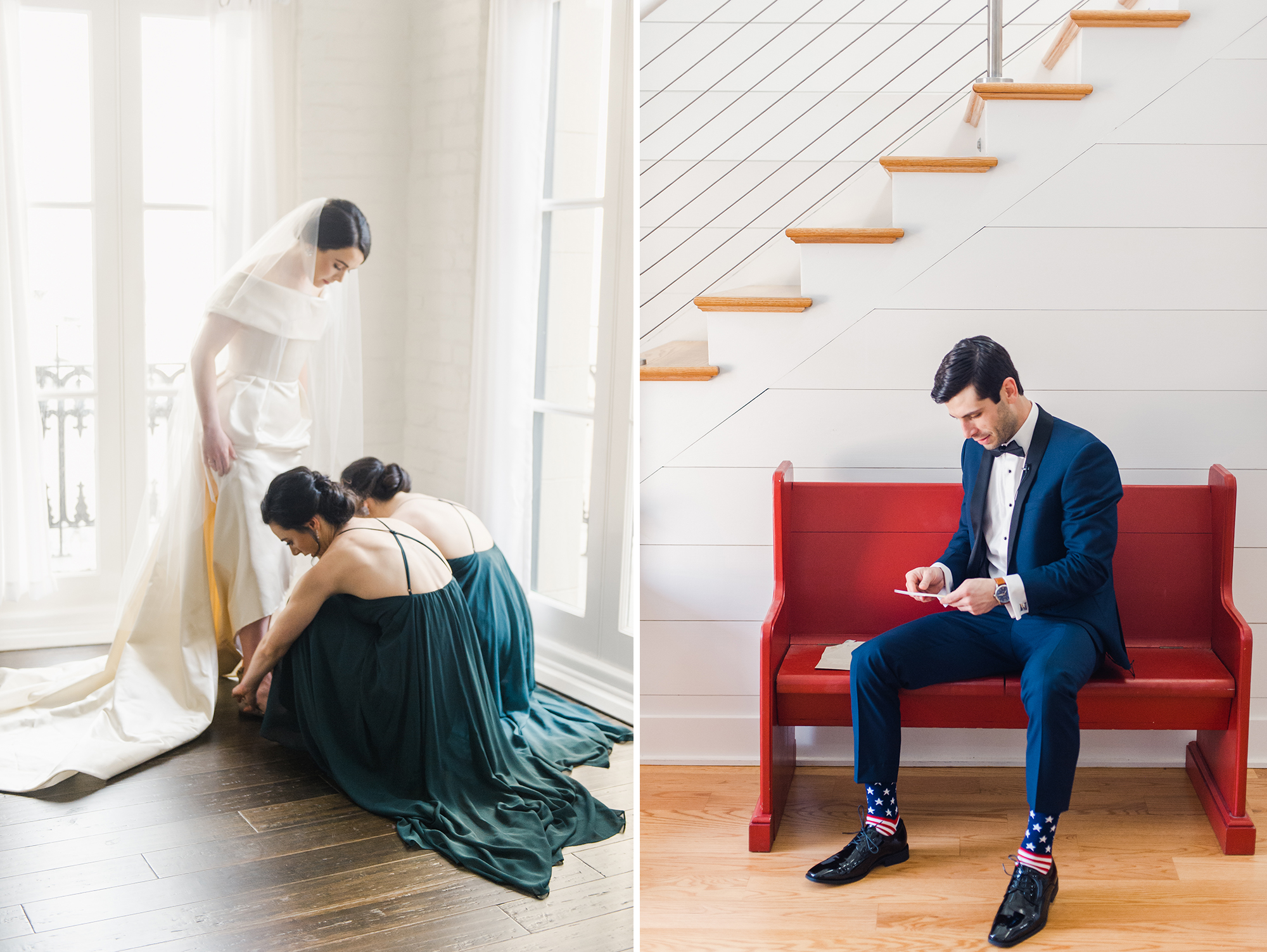 Bride putting on shoes; groom sitting