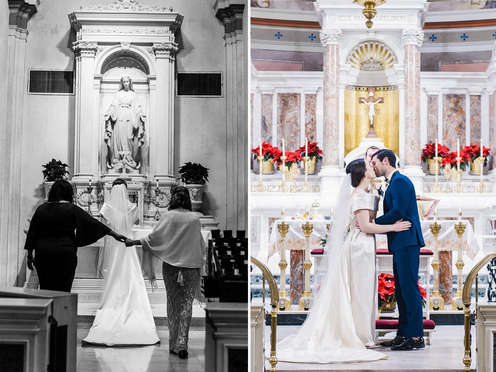 Bride and groom kissing at alter during wedding ceremony