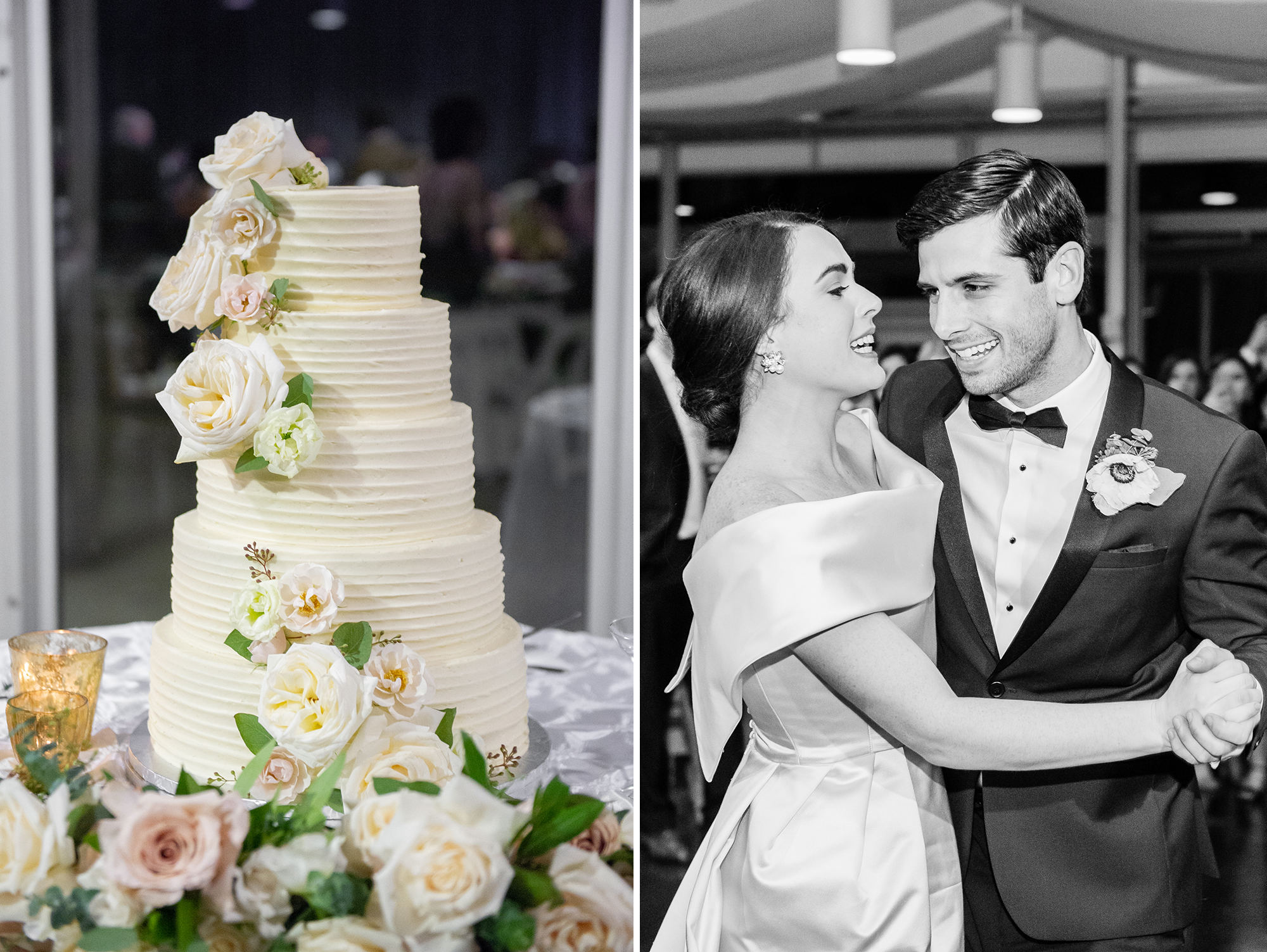 Wedding cake; bride and groom dancing