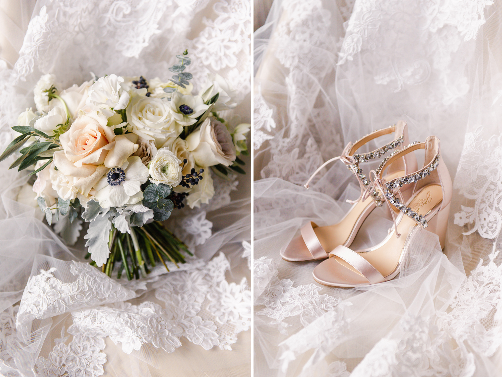 bride's bouquet and shoes on veil