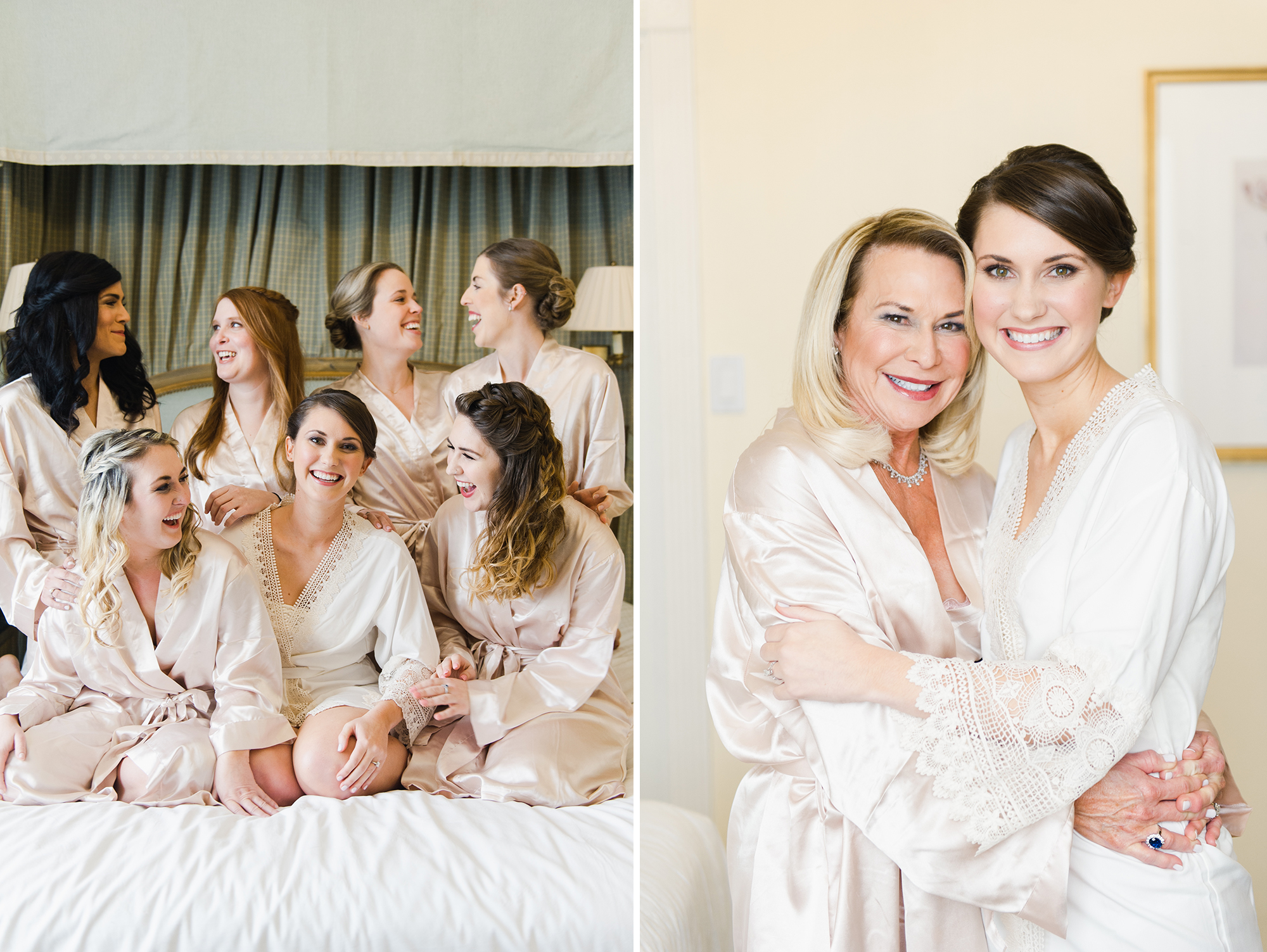 bridal party laughing with bride in robes
