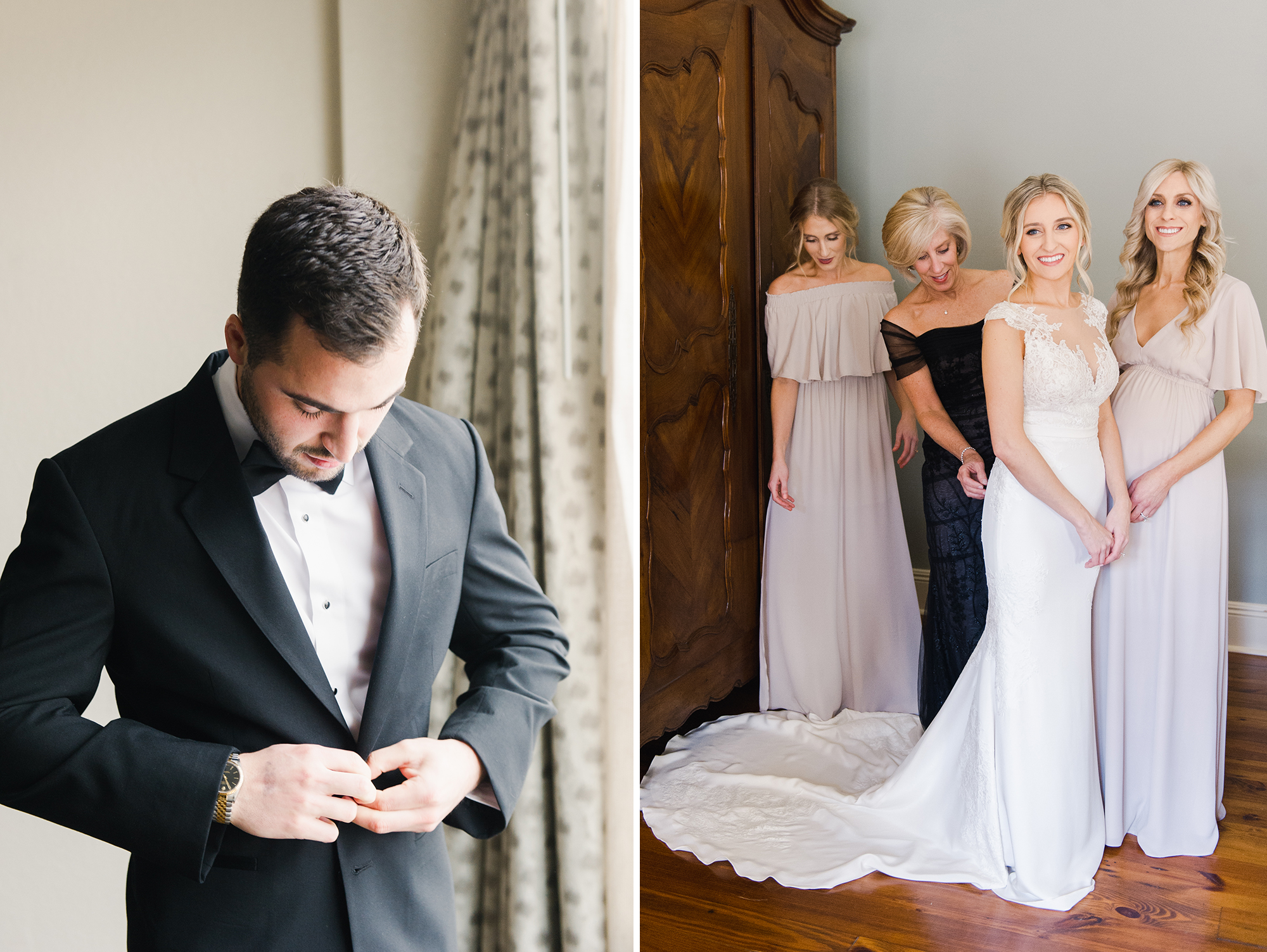 groom buttoning suit; bride getting into wedding dress with mother and bridesmaids