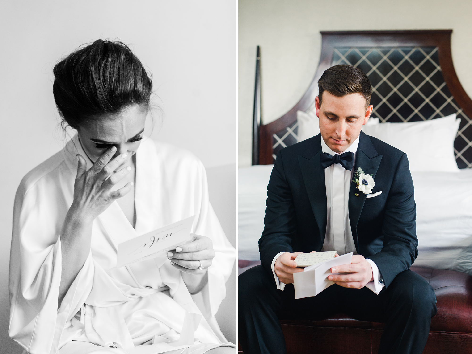 bride and groom reading notes 