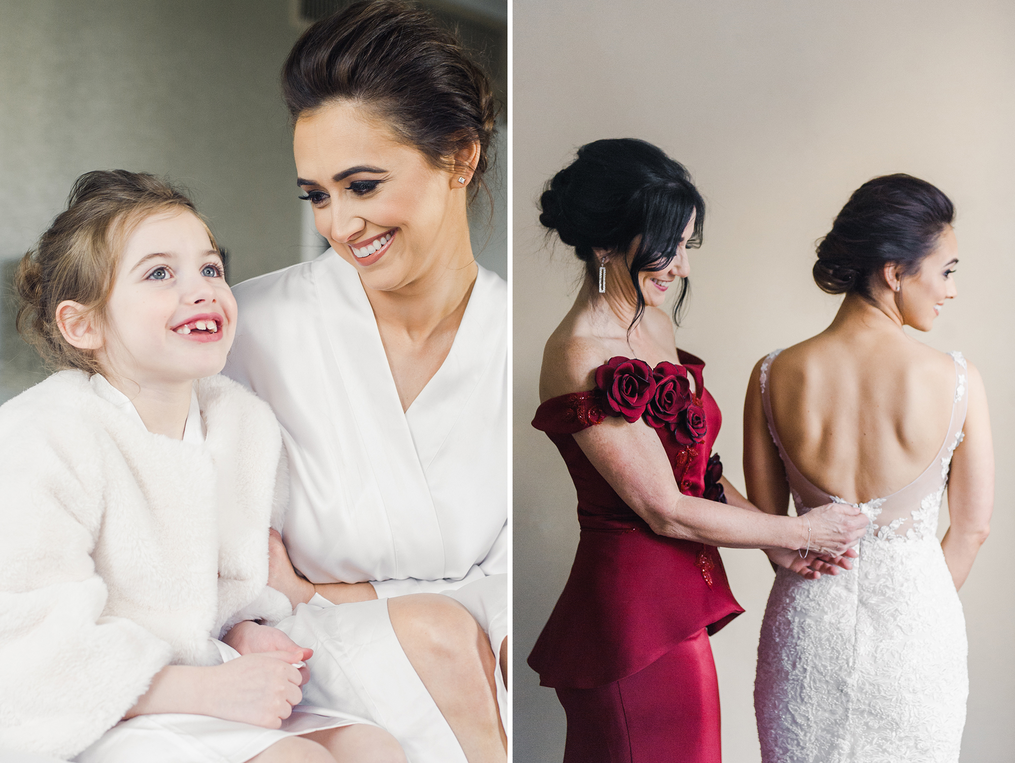 bride smiling and putting on wedding dress with mother
