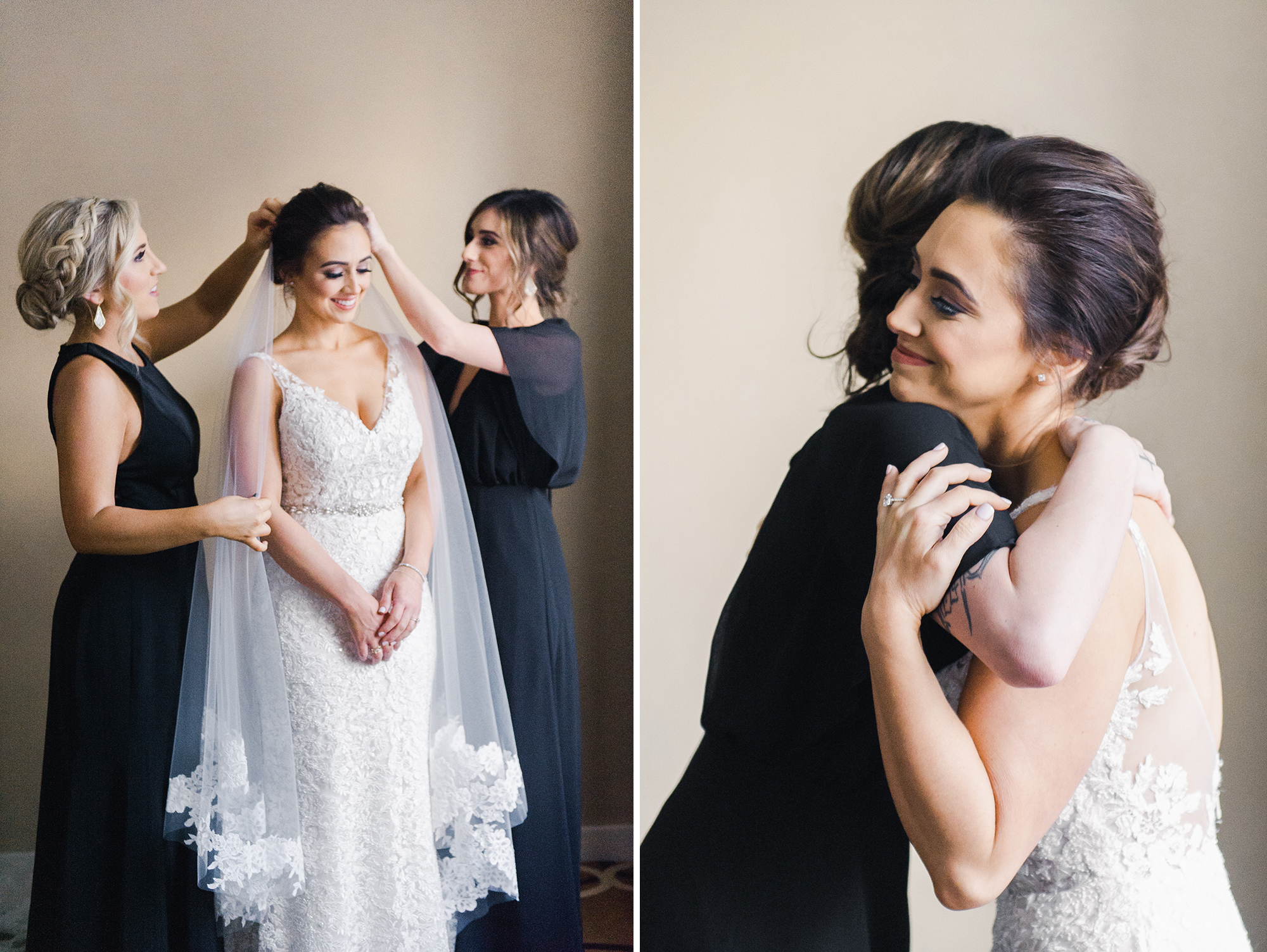 bride putting on veil and hugging bridesmaids