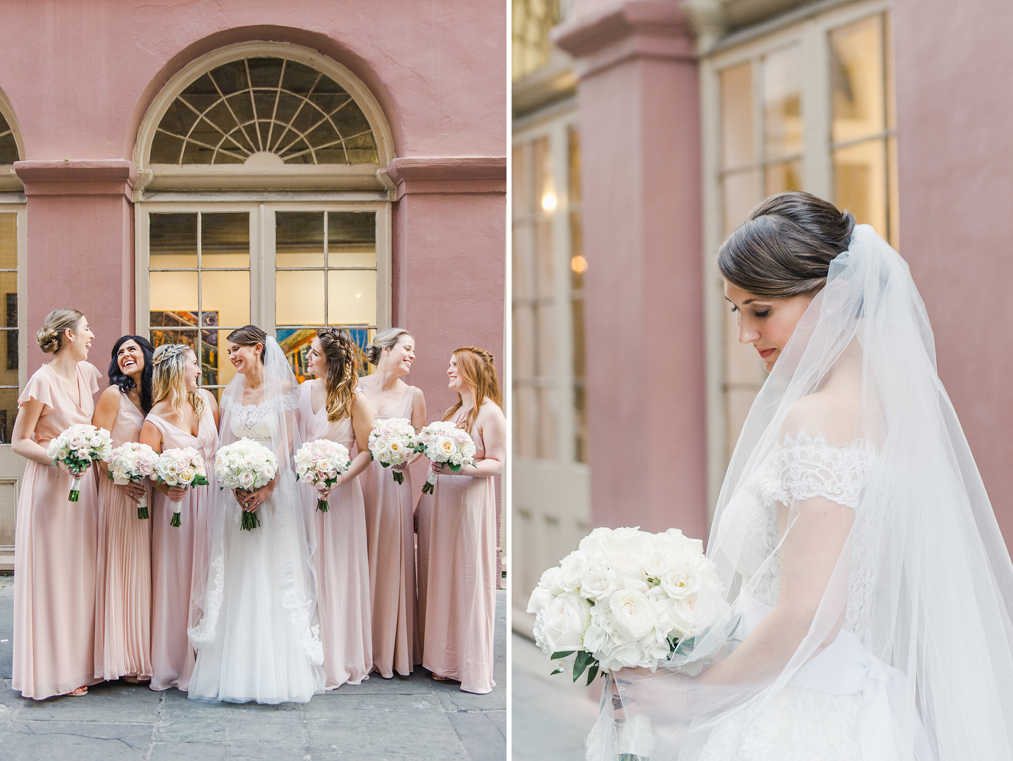bride with bridesmaids and bouquets