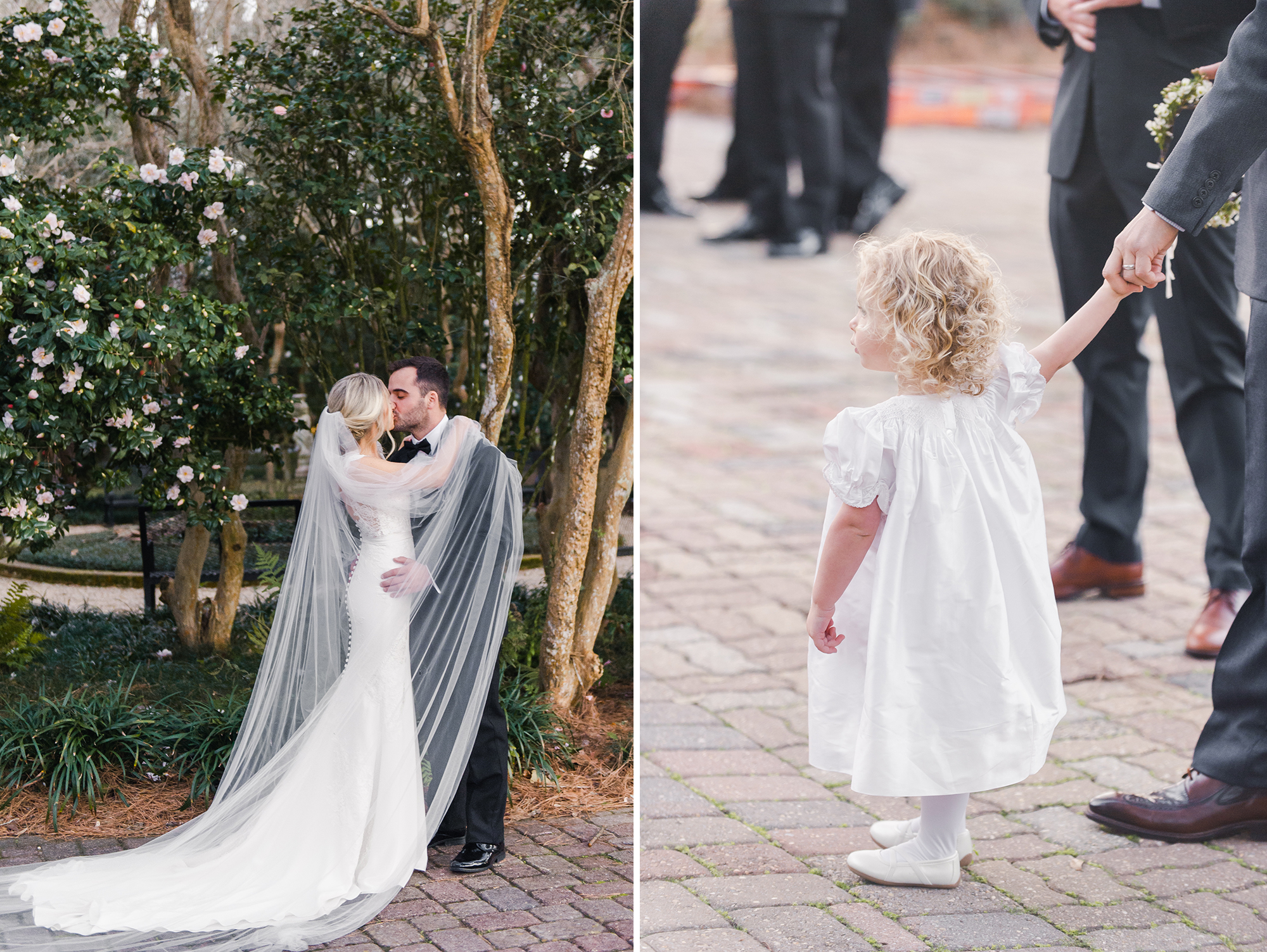 bride and groom kissing with veil; flower girl