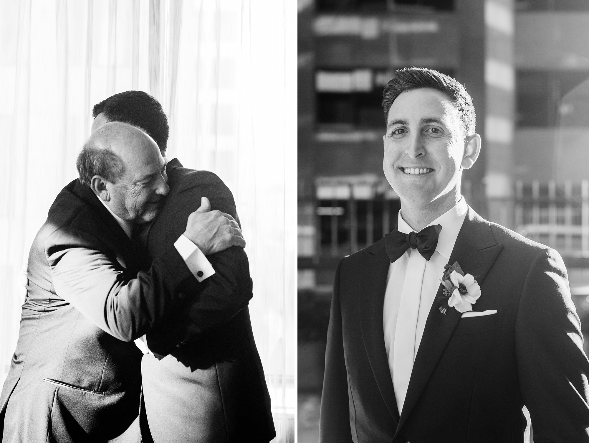 groom smiling and hugging father