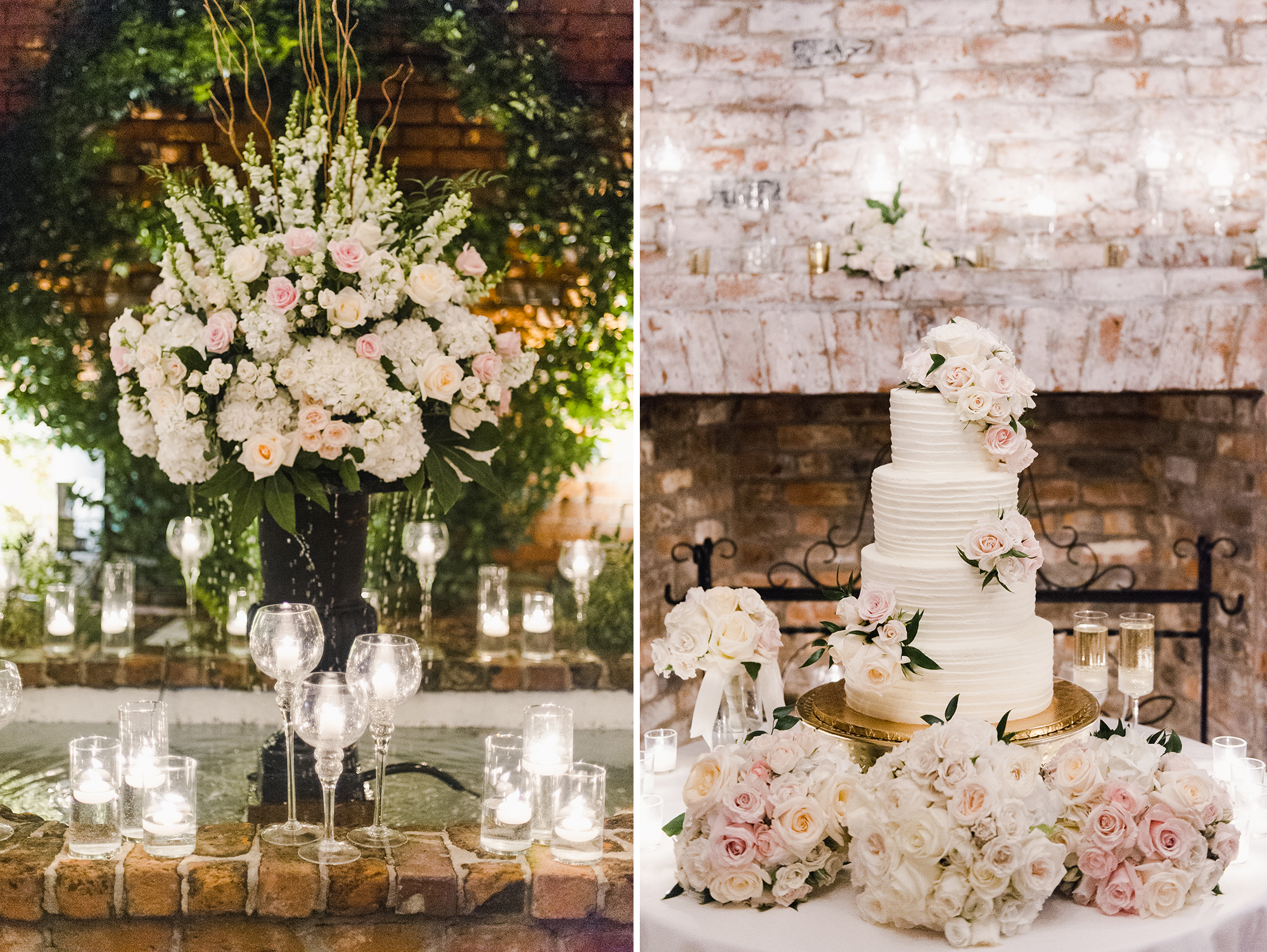 wedding reception details; florals and cake