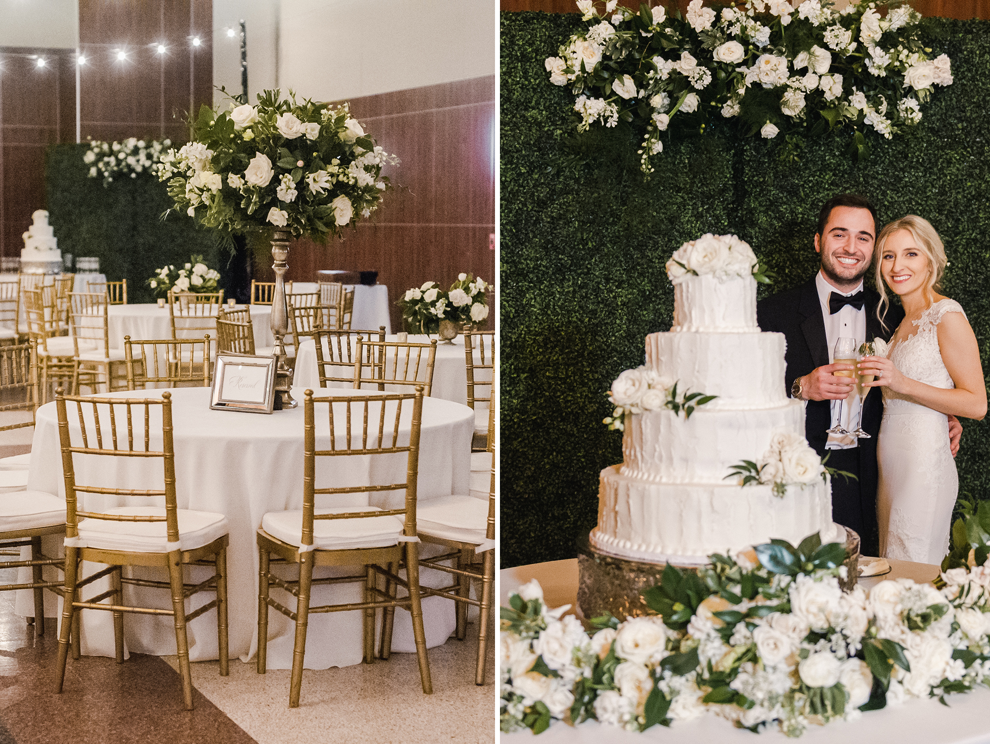 wedding reception table and floral details; bride and groom cutting wedding cake