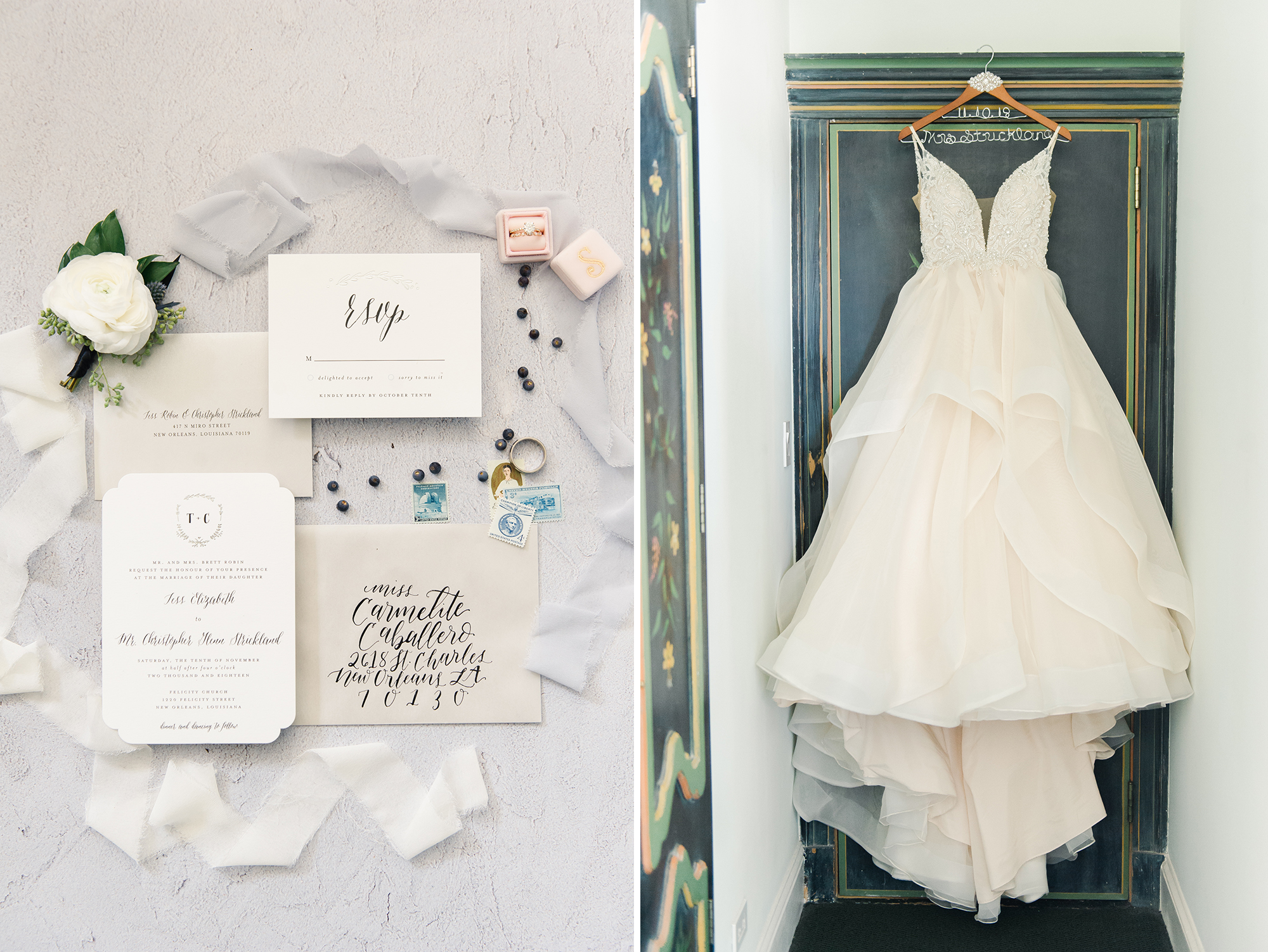 Wedding invitation suite; wedding gown