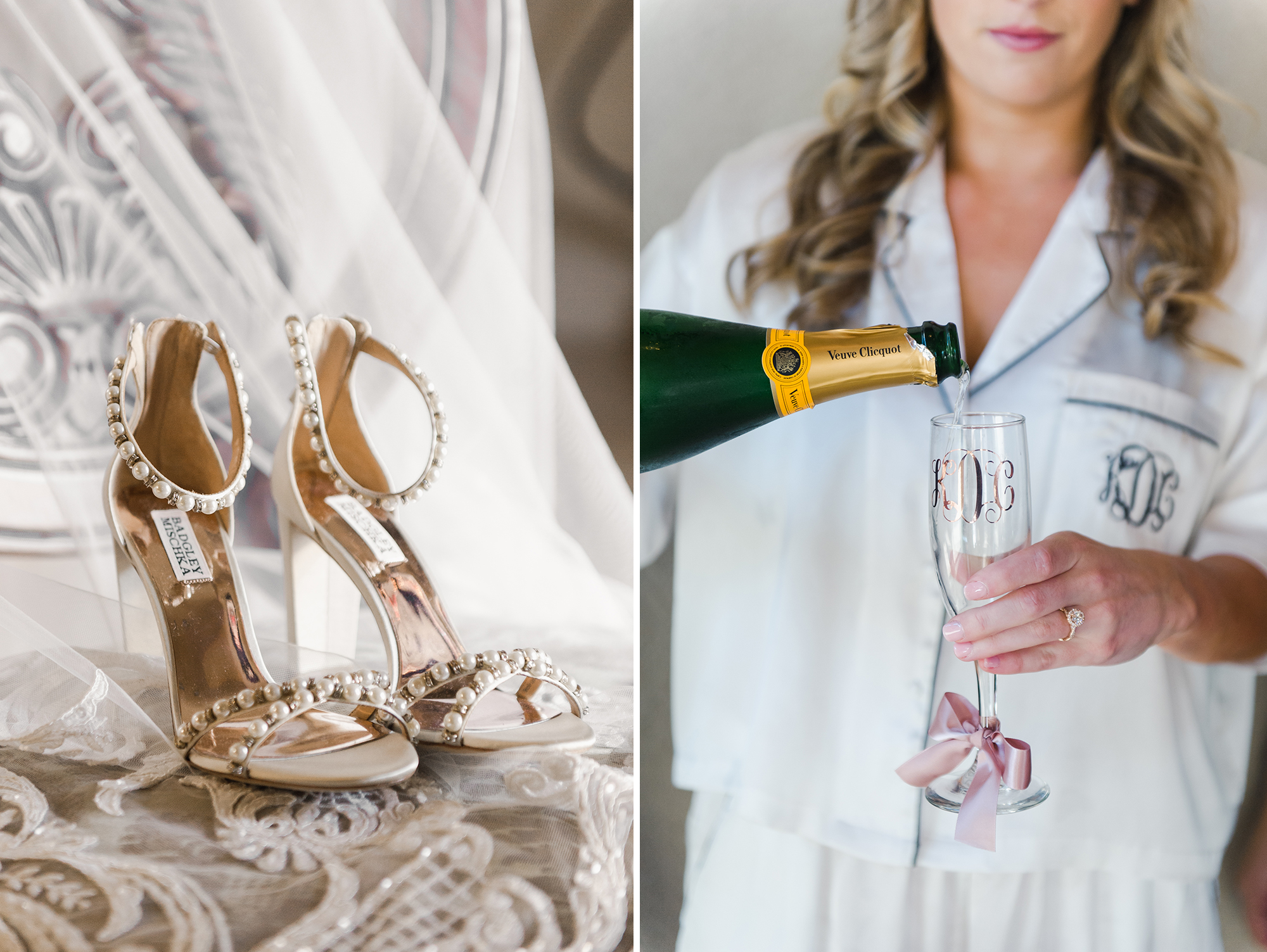 Bride's wedding shoes; bride pouring champagne while getting ready