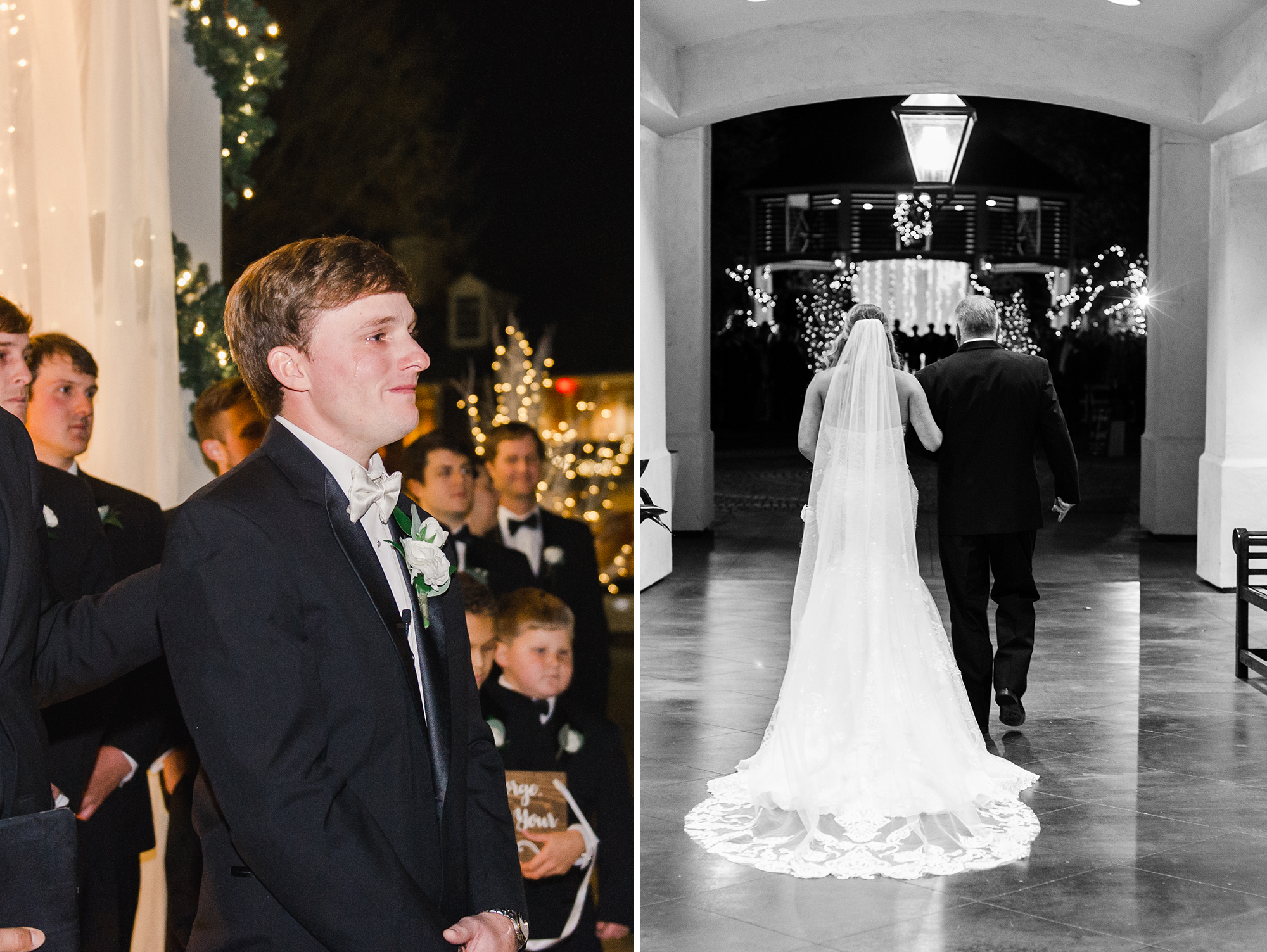 Groom watching as bride walks down aisle with father