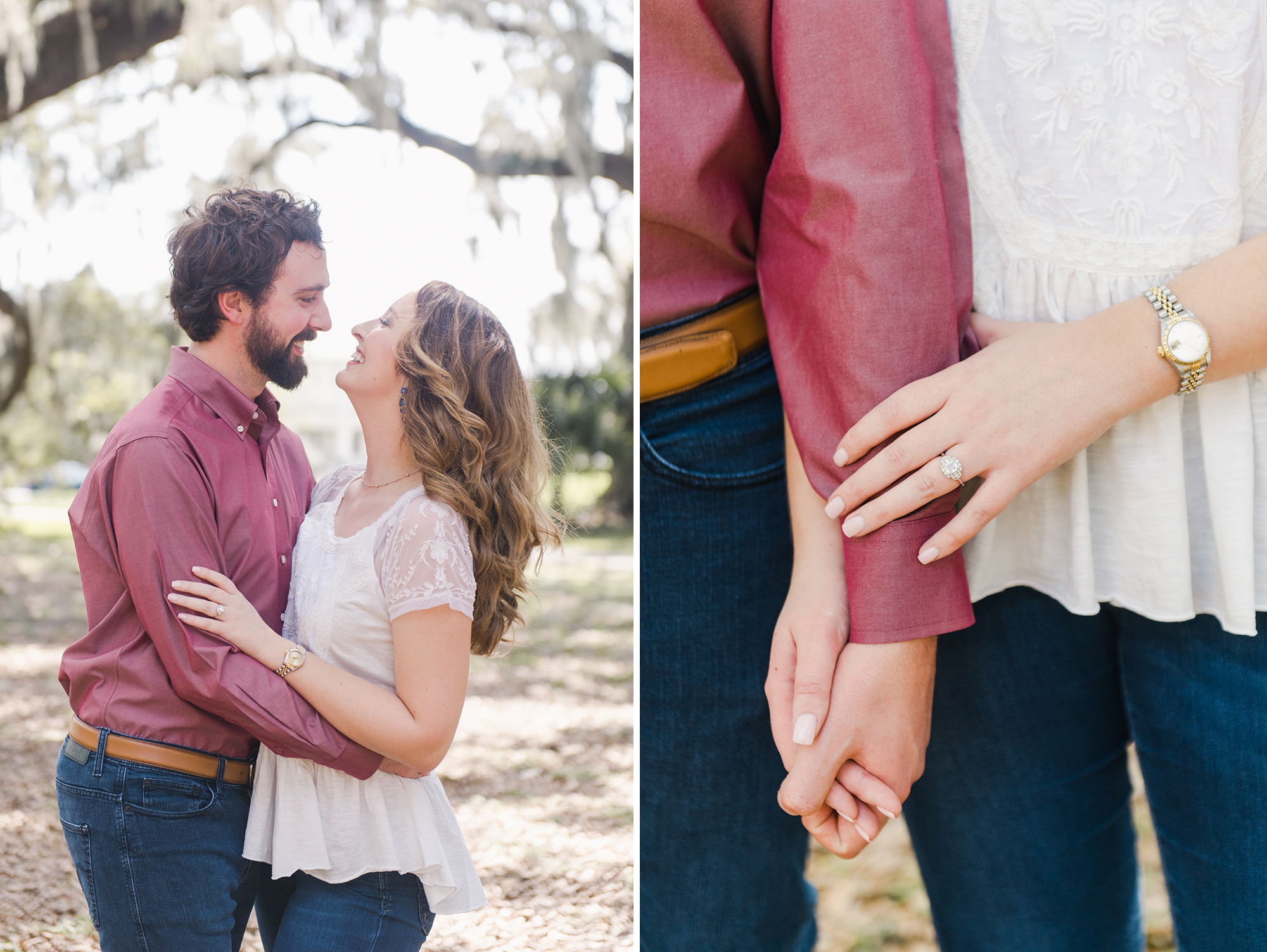 engaged couple in park with rings holding hands